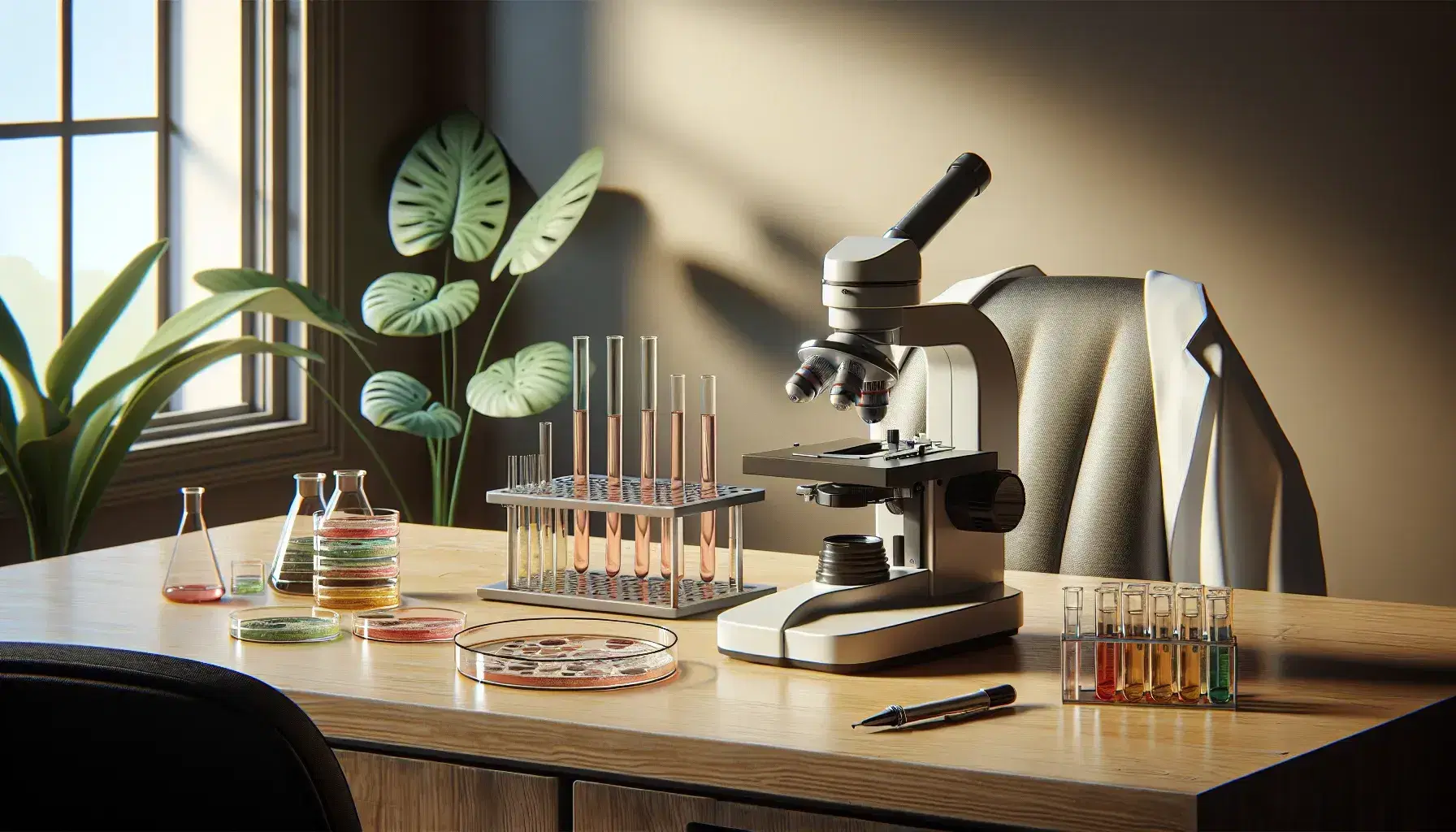 Laboratory scene with a metallic microscope on a wooden table, alongside stained glass slides and colorful petri dishes, near a white lab coat on a chair.