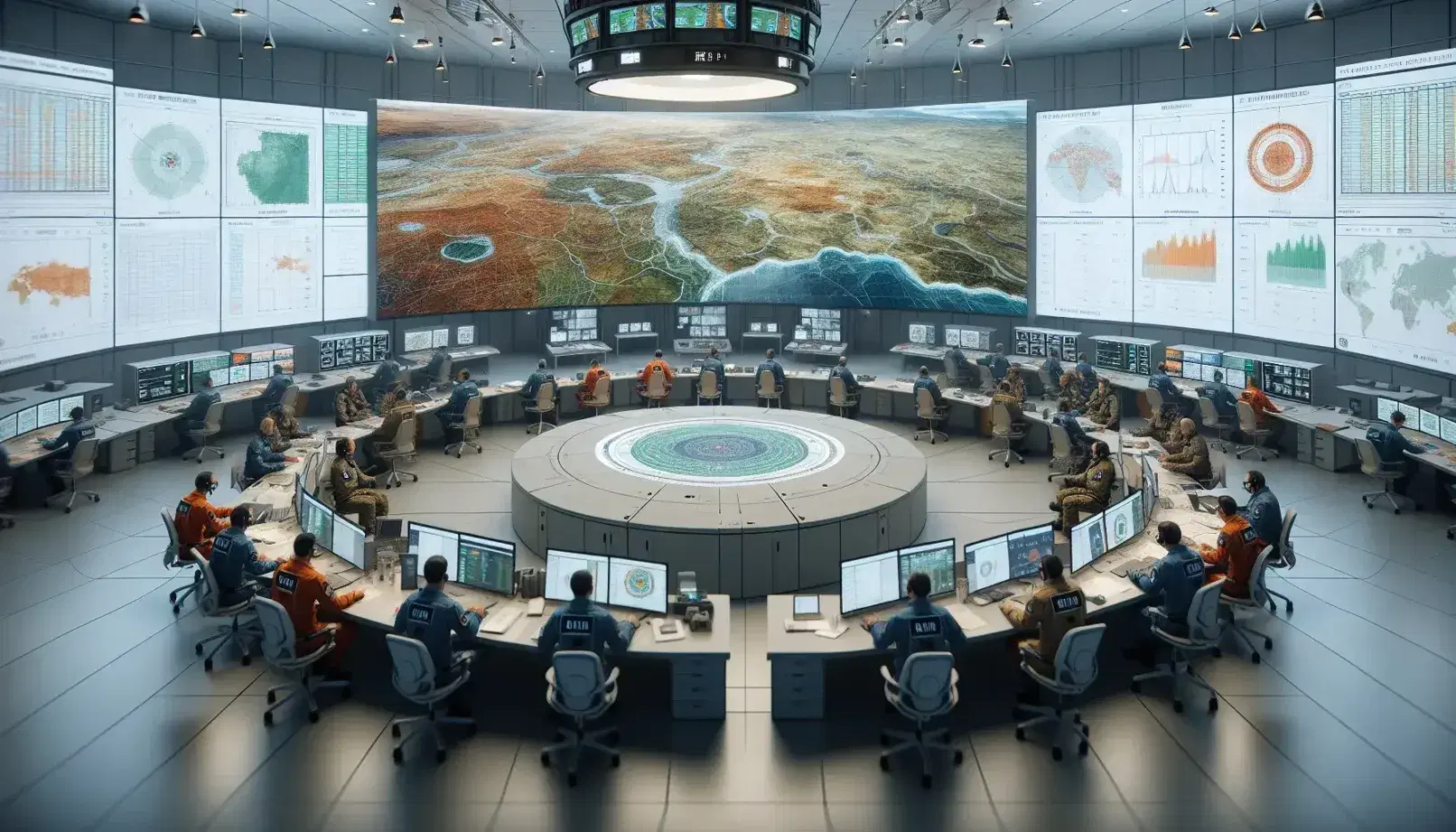 Sala de operaciones de emergencia con personal en uniforme trabajando en computadoras y una pantalla grande mostrando un mapa topográfico.