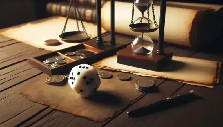 Mesa de madera antigua con dado blanco, moneda dorada, balanza equilibrada y reloj de arena, tras un pergamino atado con cinta roja.