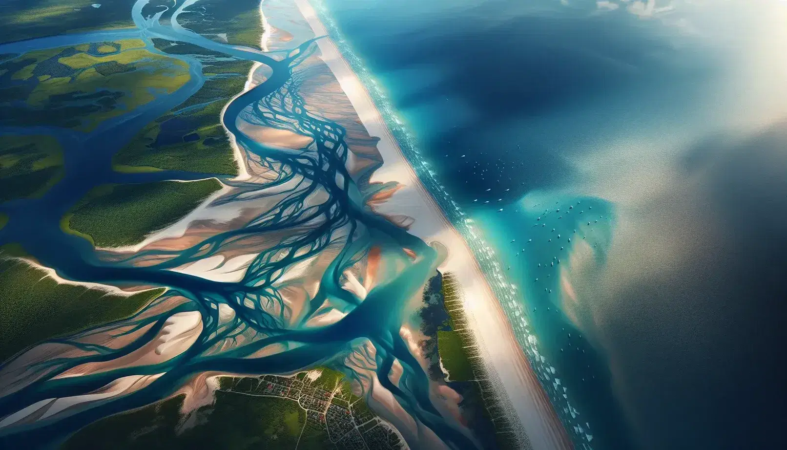 Vista aerea di una spiaggia sabbiosa con fiume che sfocia in mare, vegetazione rigogliosa e persone sparse, senza strutture artificiali.