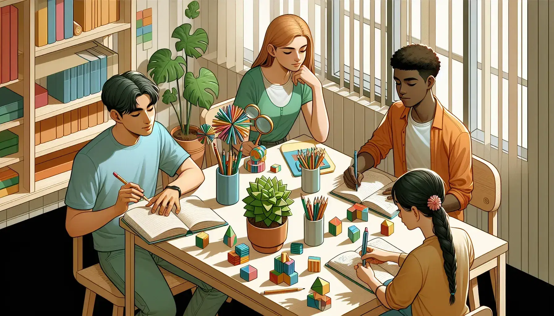 Grupo de cuatro estudiantes diversos en sesión de estudio con actividades variadas, desde jugar con bloques geométricos hasta escribir en un cuaderno.