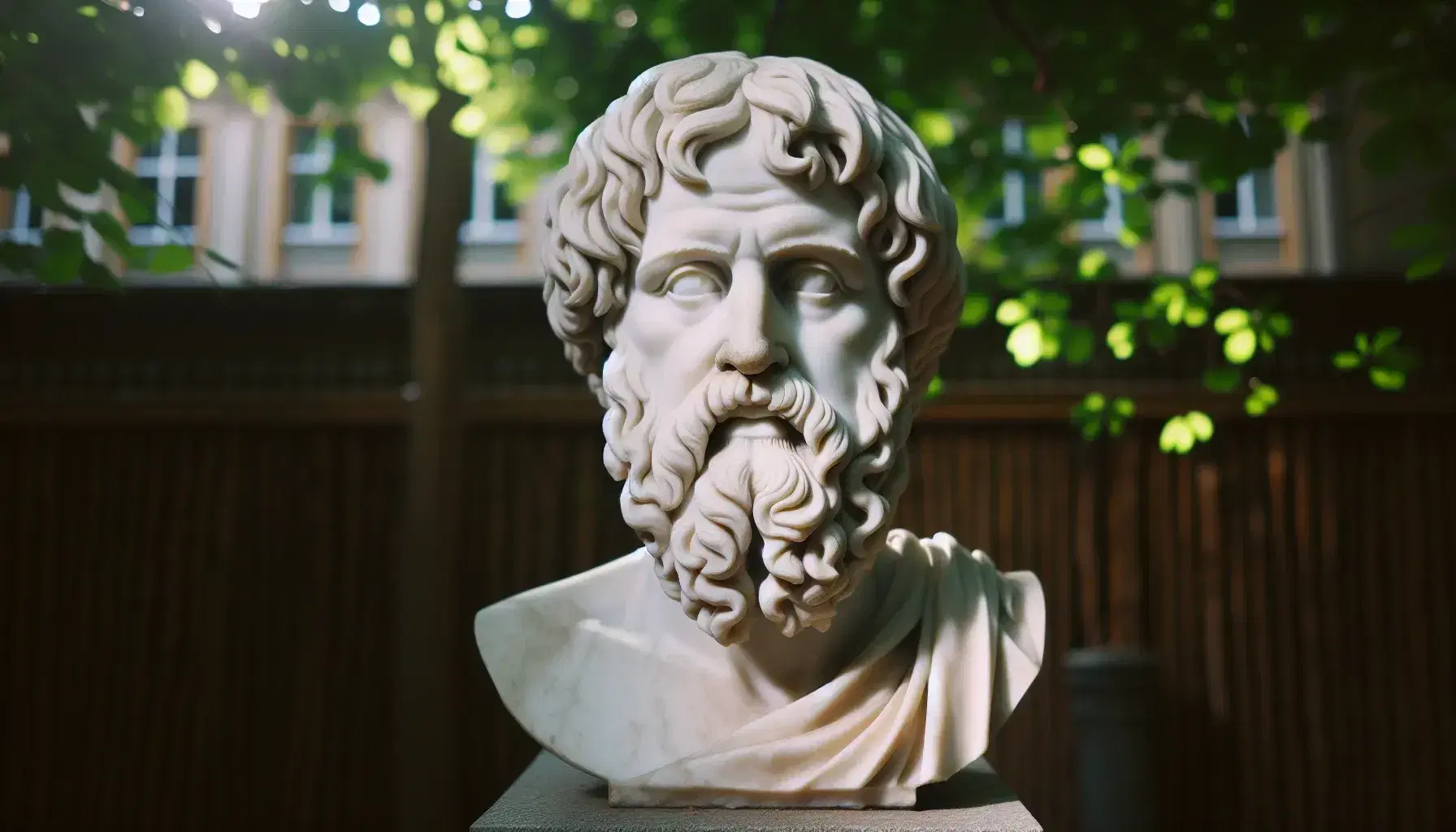 Busto de mármol blanco de filósofo griego clásico con barba rizada y expresión pensativa, sobre pedestal de piedra, en jardín con fondo desenfocado de vegetación.