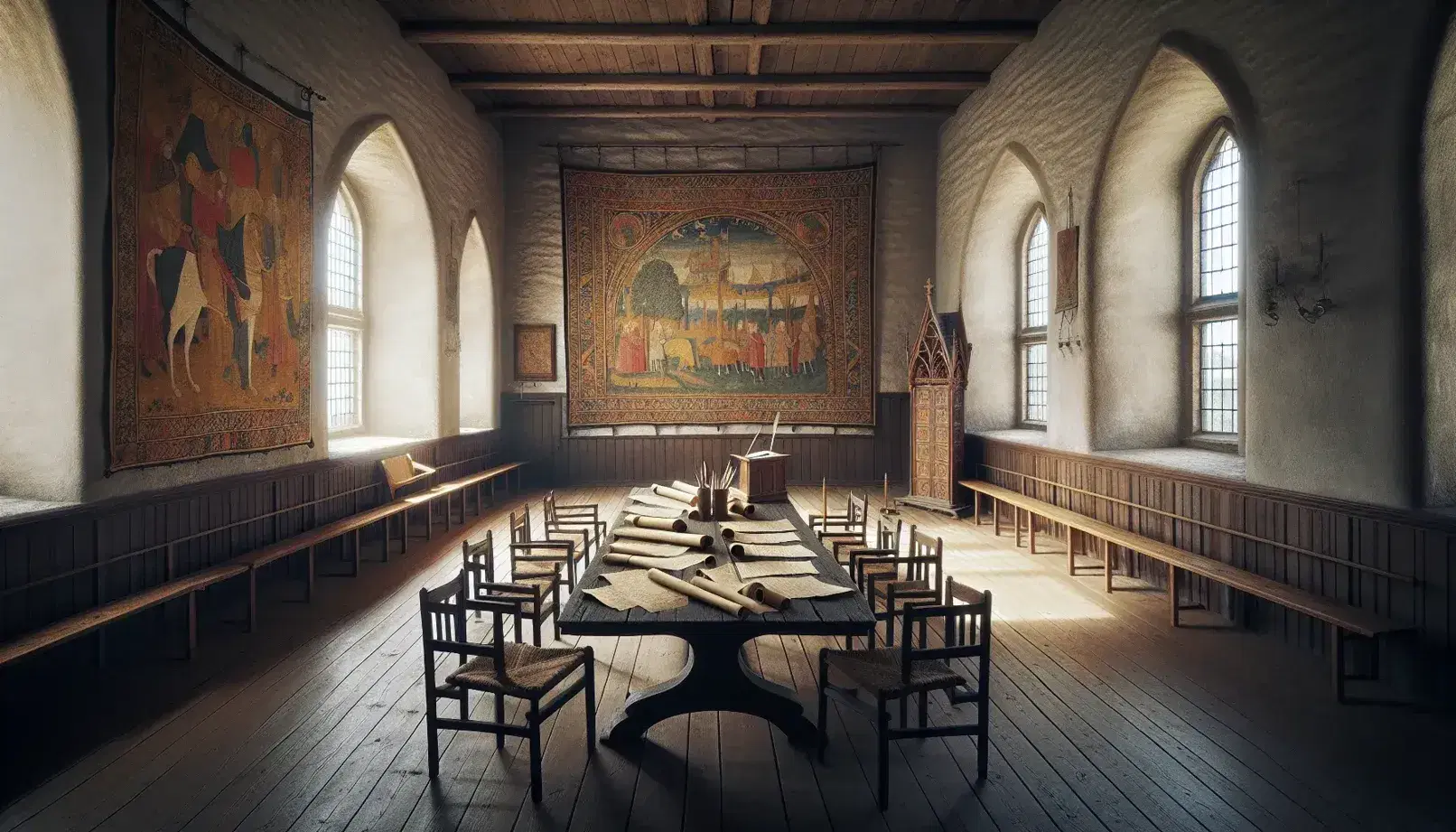 Interno di una stanza carolingia con pareti in pietra, pavimento in legno scuro, tavolo rettangolare, sedie alte, pergamene, penne d'oca e arazzi vivaci.