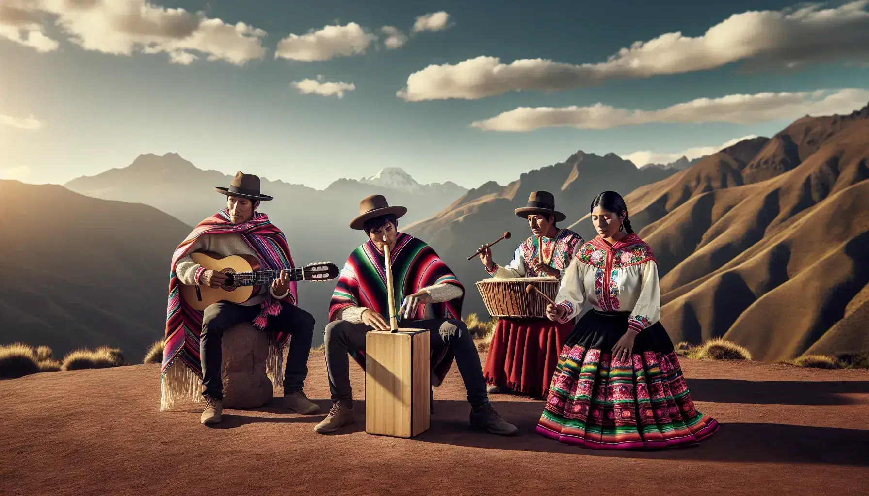 Músicos peruanos interpretando con quena, cajón y guitarra en paisaje andino, vestidos con trajes típicos y sombrero, bajo cielo azul.