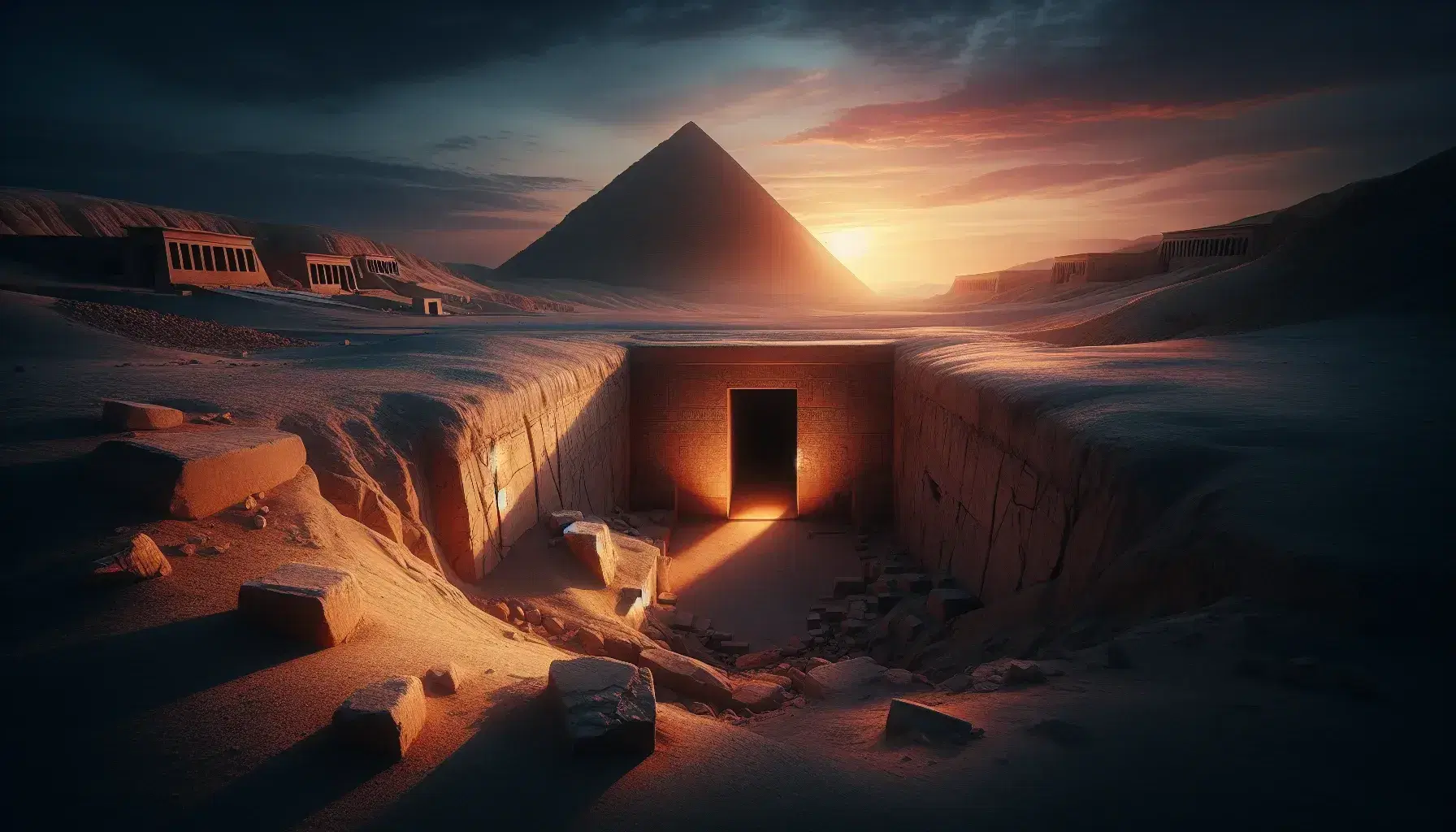 Tramonto nella Valle dei Re in Egitto con ingresso di una tomba ipogea, parte di una mastaba e silhouette di una piramide in lontananza.