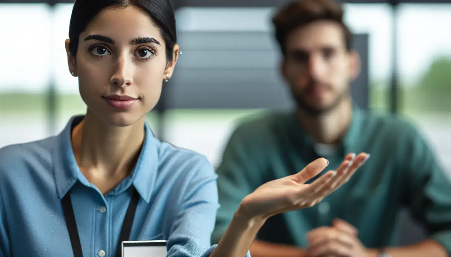 Hispanic female customer service representative with name tag gestures explanatorily to attentive Caucasian male customer across service counter in modern business setting.