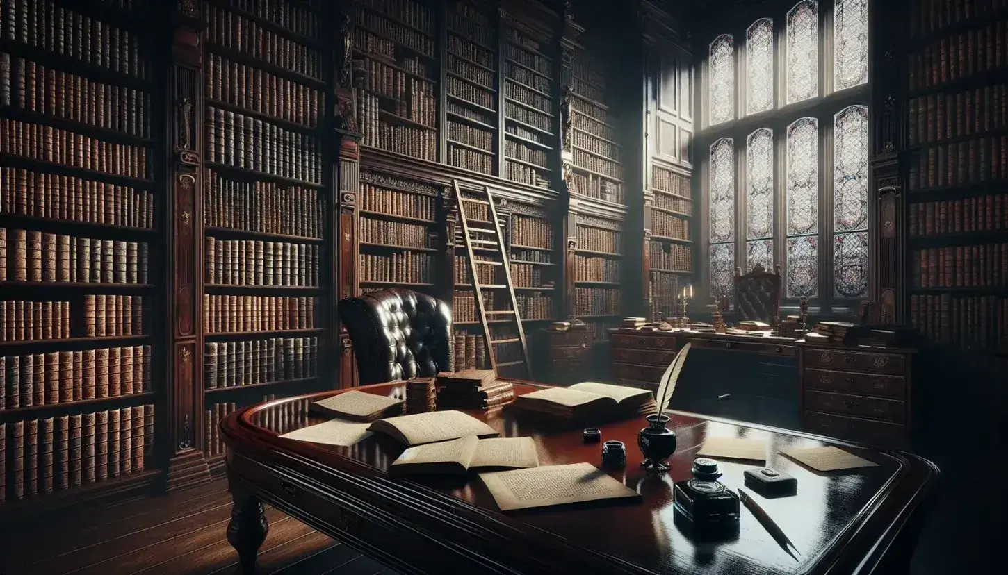 Biblioteca antica con scaffali in legno scuro pieni di libri rilegati, tavolo ovale con libri aperti, penna d'oca e calamaio.
