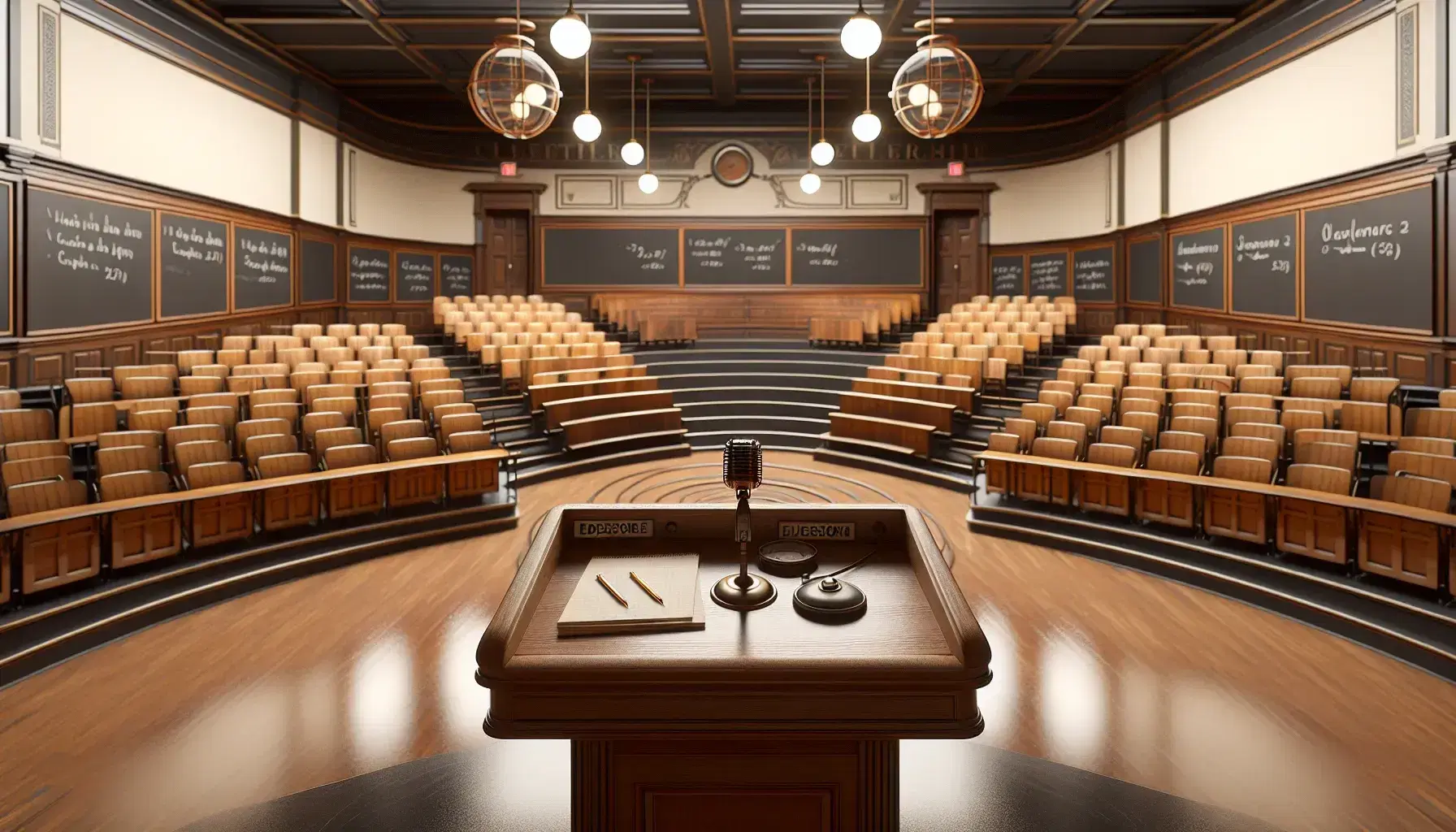 Mid-20th century style university classroom with wooden lectern, vintage microphone, semi-circular seats and black chalkboards, illuminated by pendant lamps.