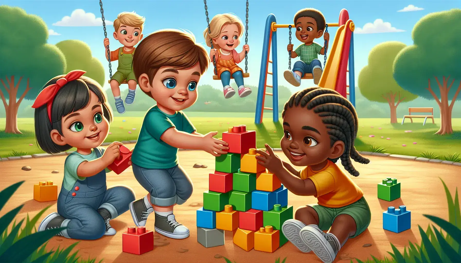Niños de diversas etnias jugando en un parque, construyendo una torre de bloques y balanceándose en un día soleado.