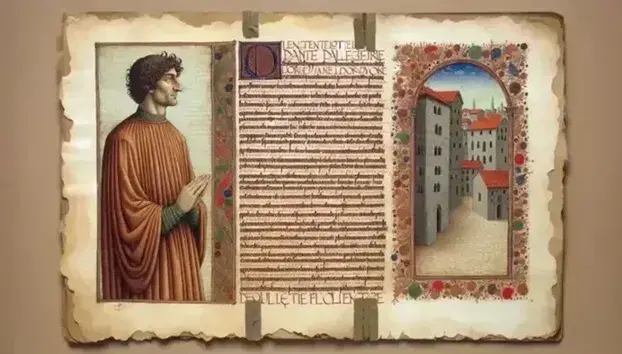 Riproduzione manoscritto medievale con miniatura di Dante Alighieri in abito rosso e città stilizzata, su pergamena invecchiata e calligrafia elegante.