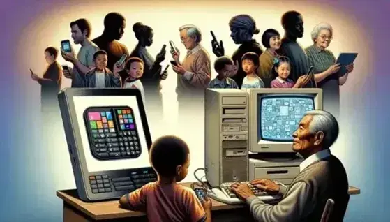 Multi-ethnic group uses different technologies: child with old-fashioned cell phone, teenager with modern tablet, elderly man with obsolete desktop computer.