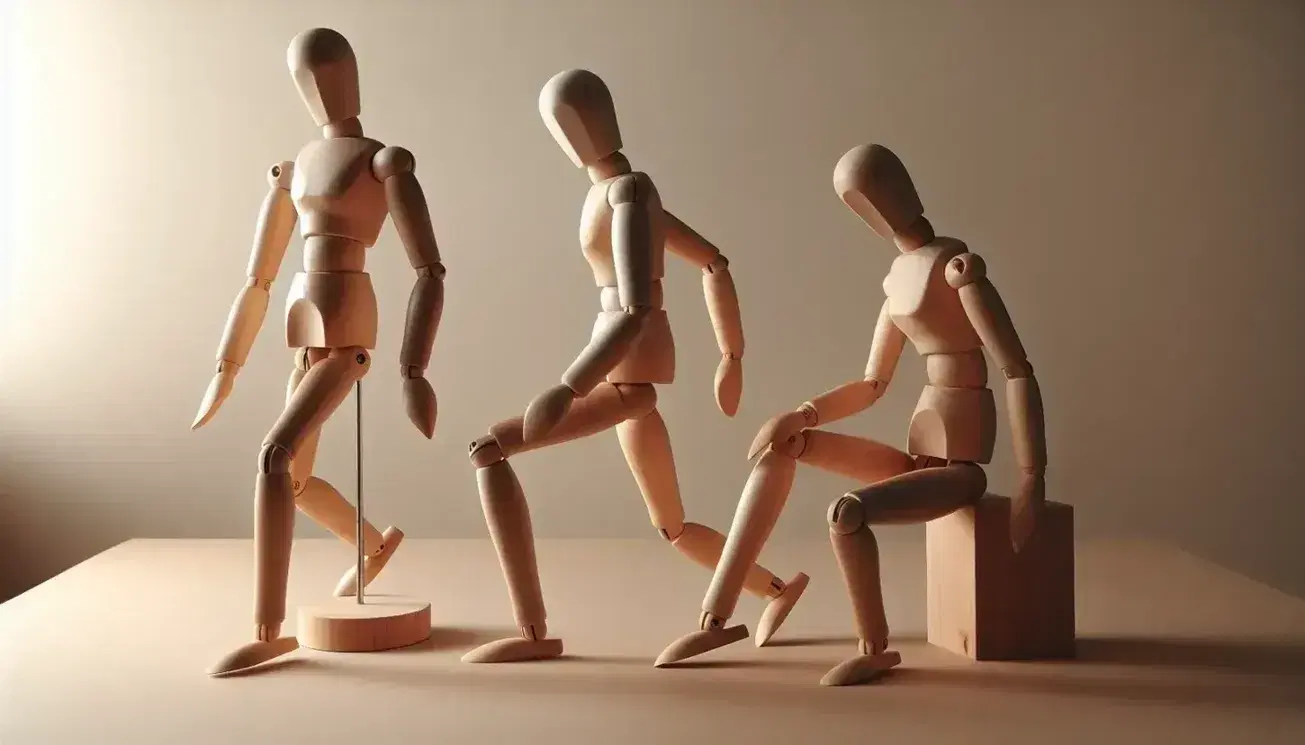 Tres maniquíes articulados de madera en distintas posturas sobre superficie clara, mostrando movimientos humanos y estudio de anatomía artística.