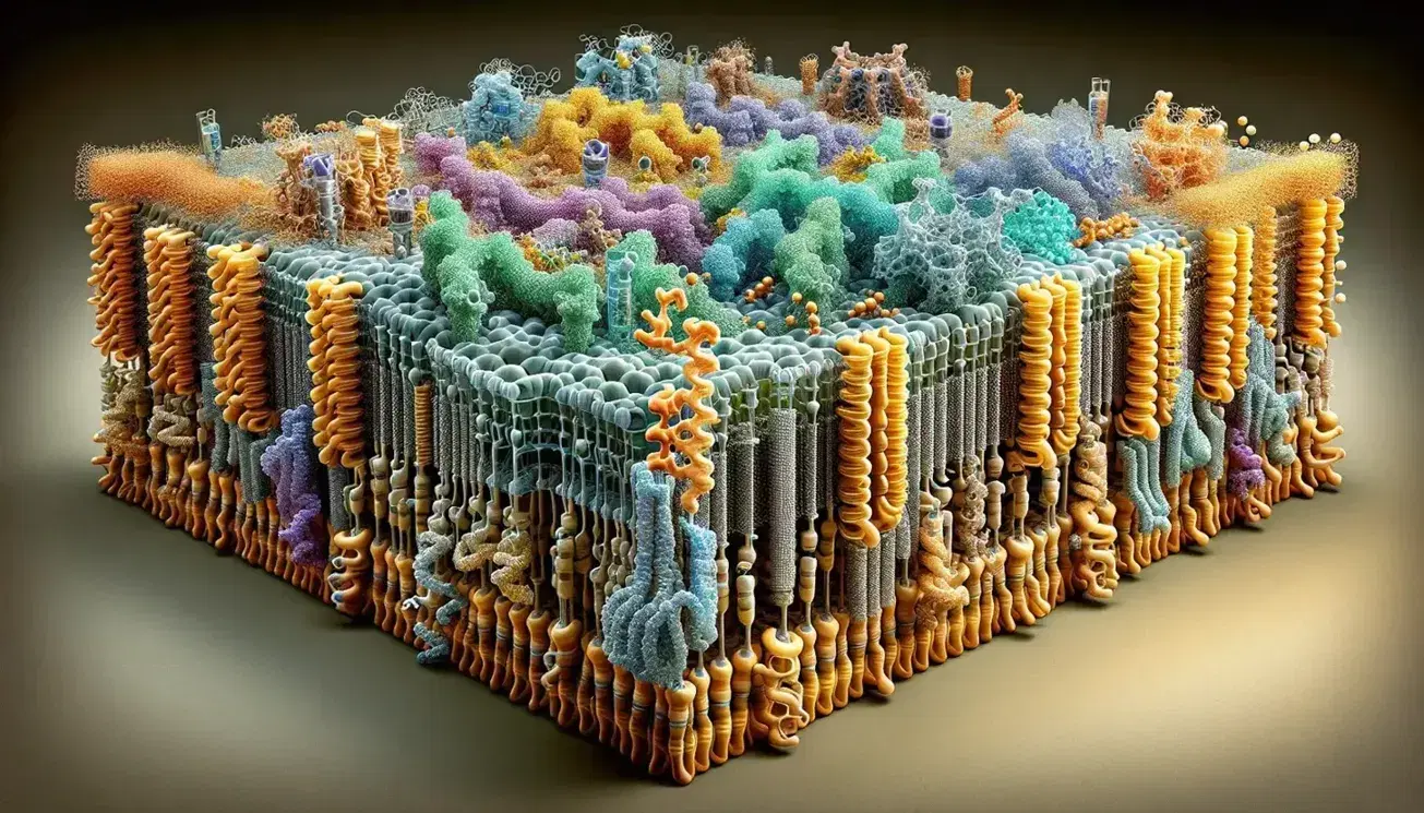 Detailed model of a cellular membrane with a bilayer structure and embedded carrier proteins in various colors, illustrating transport mechanisms.