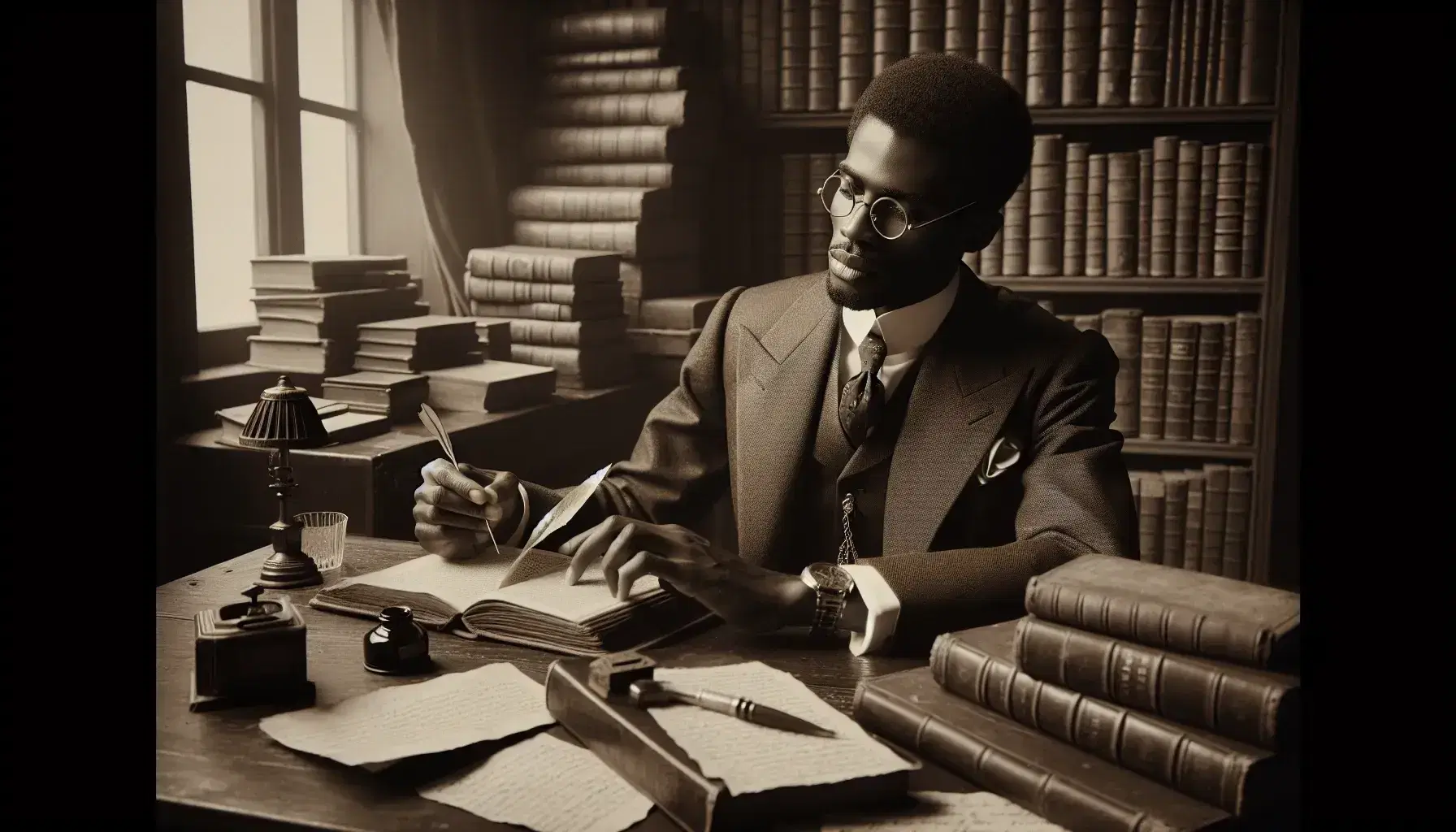 Early 20th-century African-American man in a suit studying a book at a desk with an inkwell and quill, surrounded by leather-bound books.