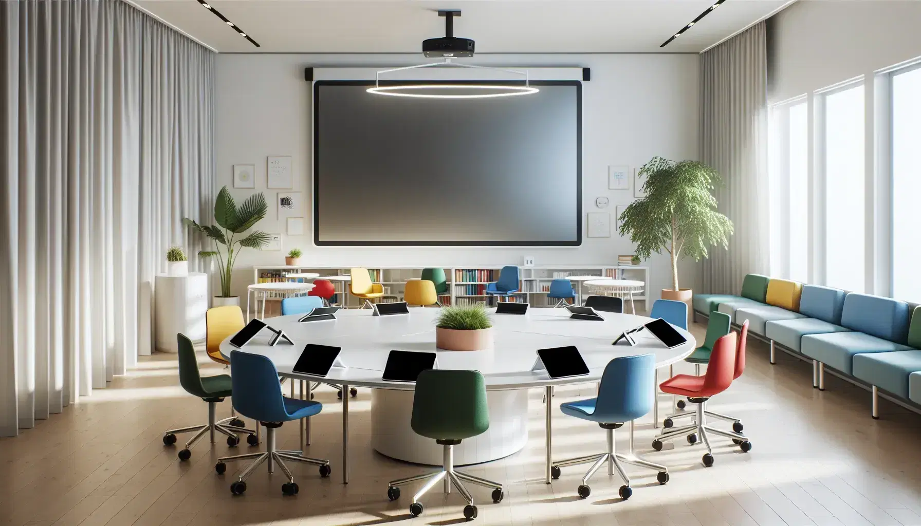 Aula moderna y luminosa con mesa redonda, sillas ergonómicas de colores, tabletas digitales y pizarra interactiva grande, iluminada por luz natural.