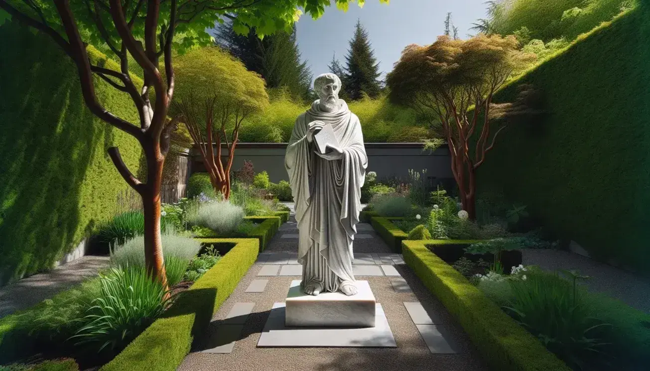 Estatua de mármol blanco de figura monástica con túnica y capa sosteniendo un libro, en jardín cuidado con sendero de piedra y vegetación variada.