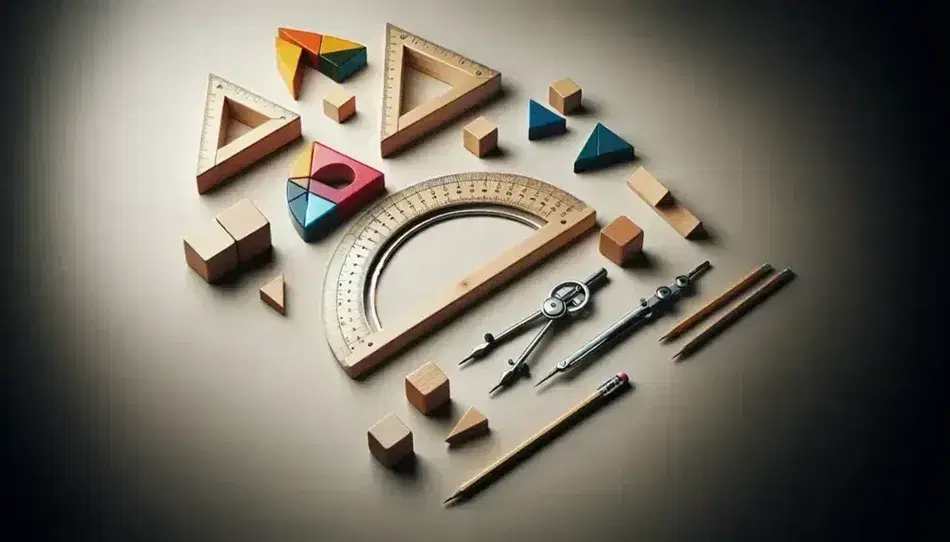 Assorted geometric tools and colored wooden shapes, including a protractor, metal compass, and blocks forming a triangle, on a matte surface.