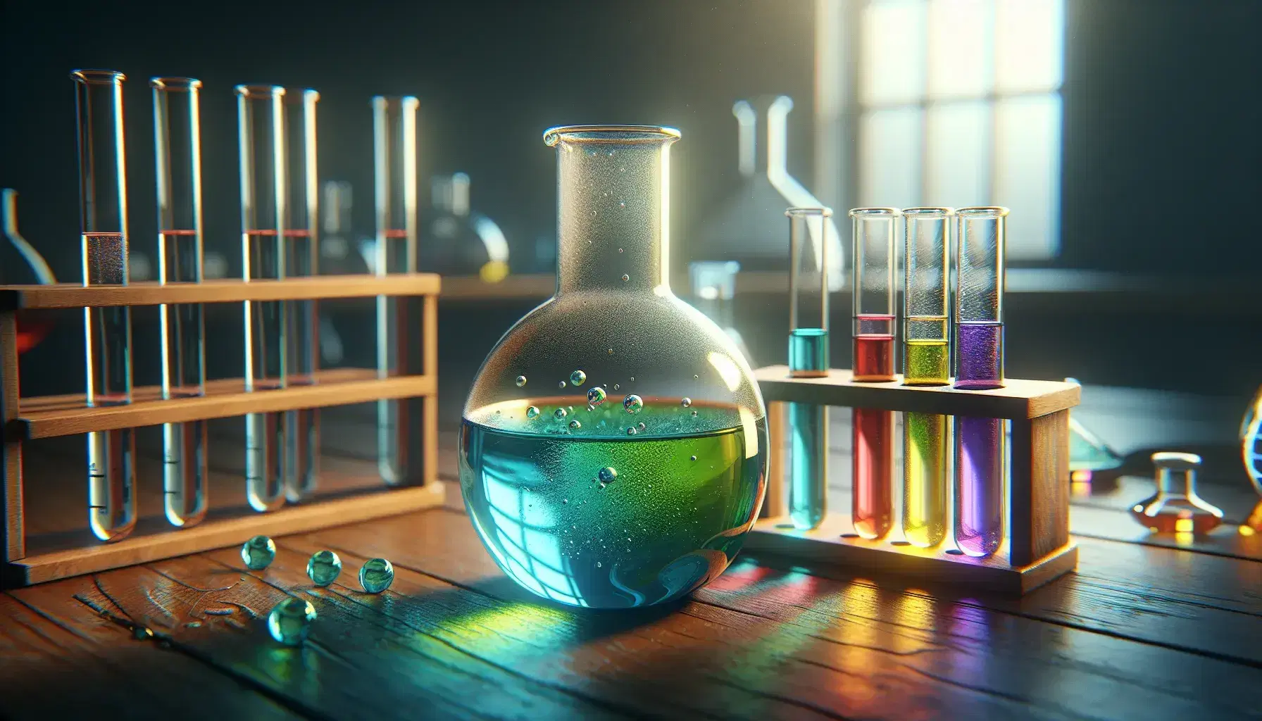Glass flask on laboratory bench with chemical reaction, blue and yellow liquids forming a green gradient, red, purple and orange colored test tubes.