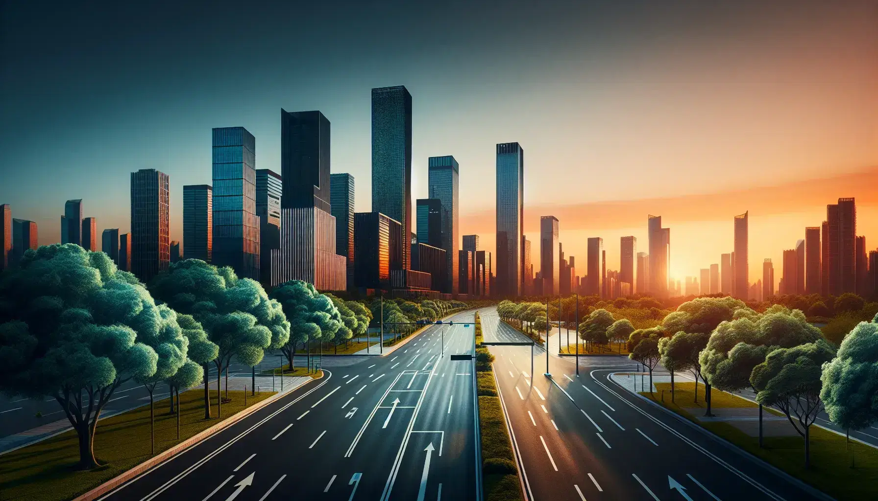 Tramonto urbano con skyline di grattacieli in silhouette, strada asfaltata vuota in primo piano, alberi verdi a destra e lampione acceso a sinistra.