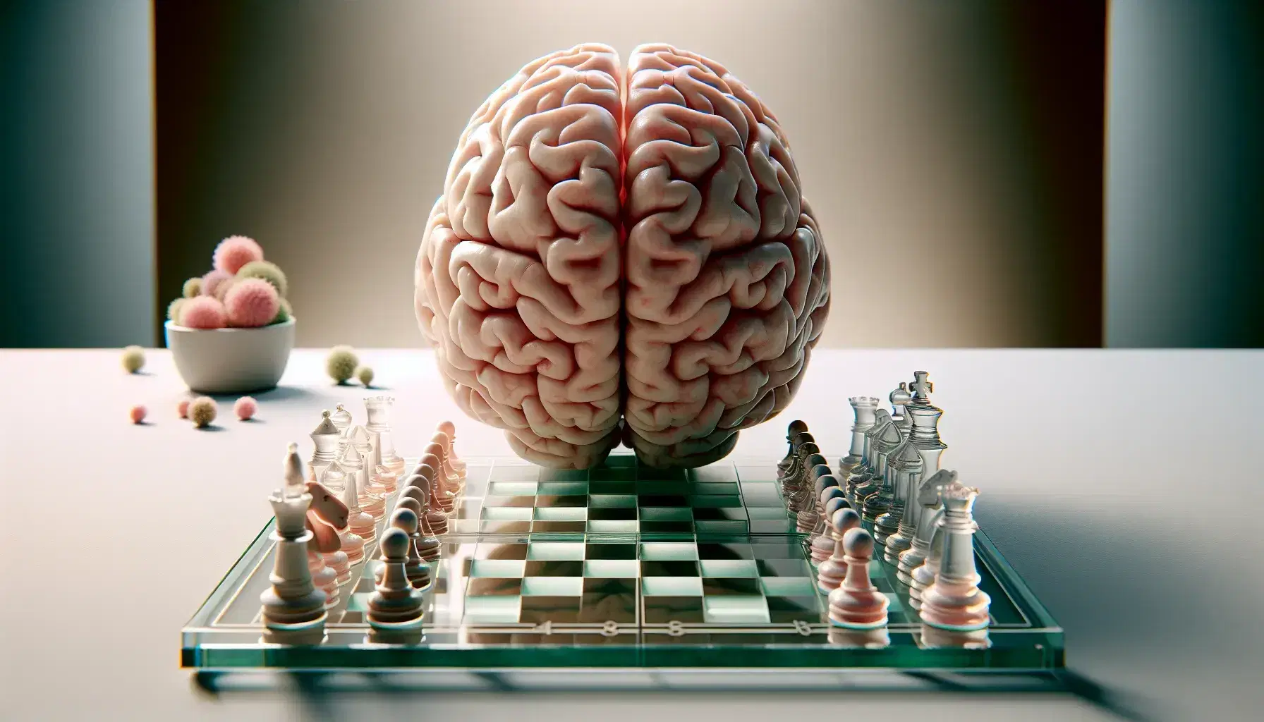 Detailed human brain model bisected to show inner structures, alongside a glass chessboard with pieces and a potted peace lily on a light background.