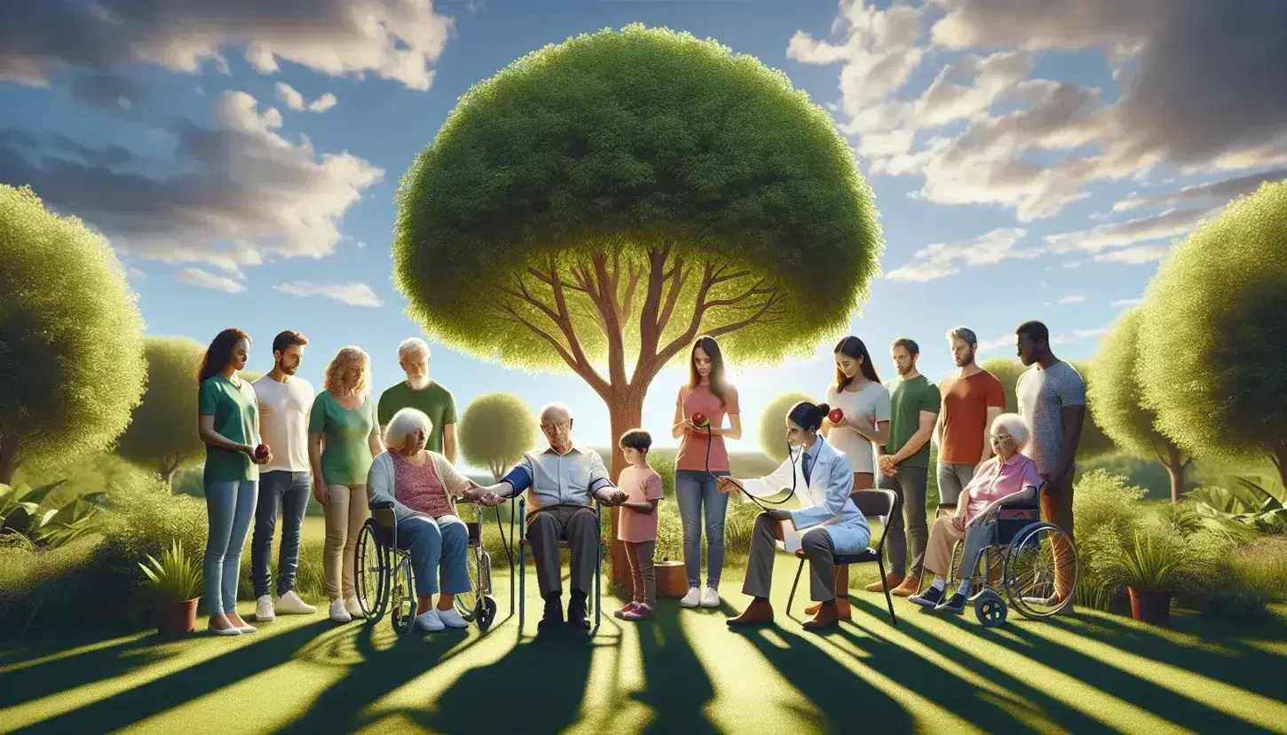 Grupo diverso de personas al aire libre compartiendo un momento de bienestar junto a un árbol, con actividades de salud y convivencia familiar en un día soleado.