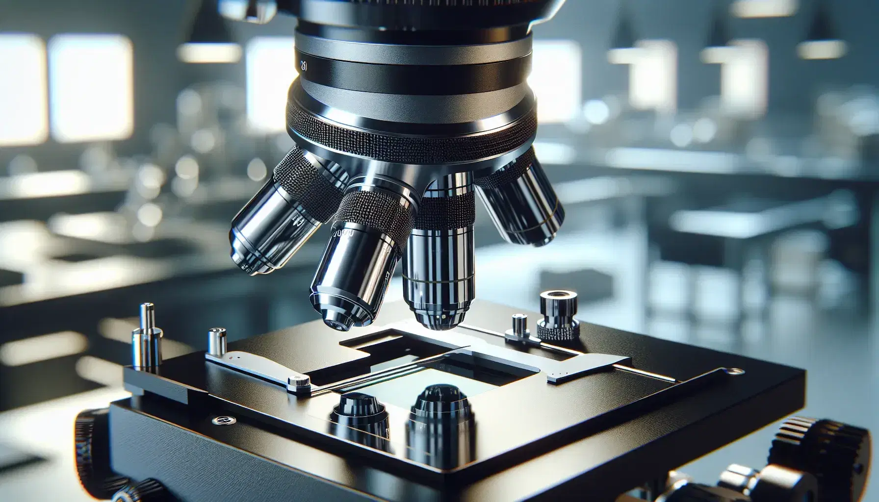 Microscopio óptico moderno enfocado en torreta de objetivos con lentes y pinzas metálicas sujetando portaobjetos en laboratorio desenfocado.