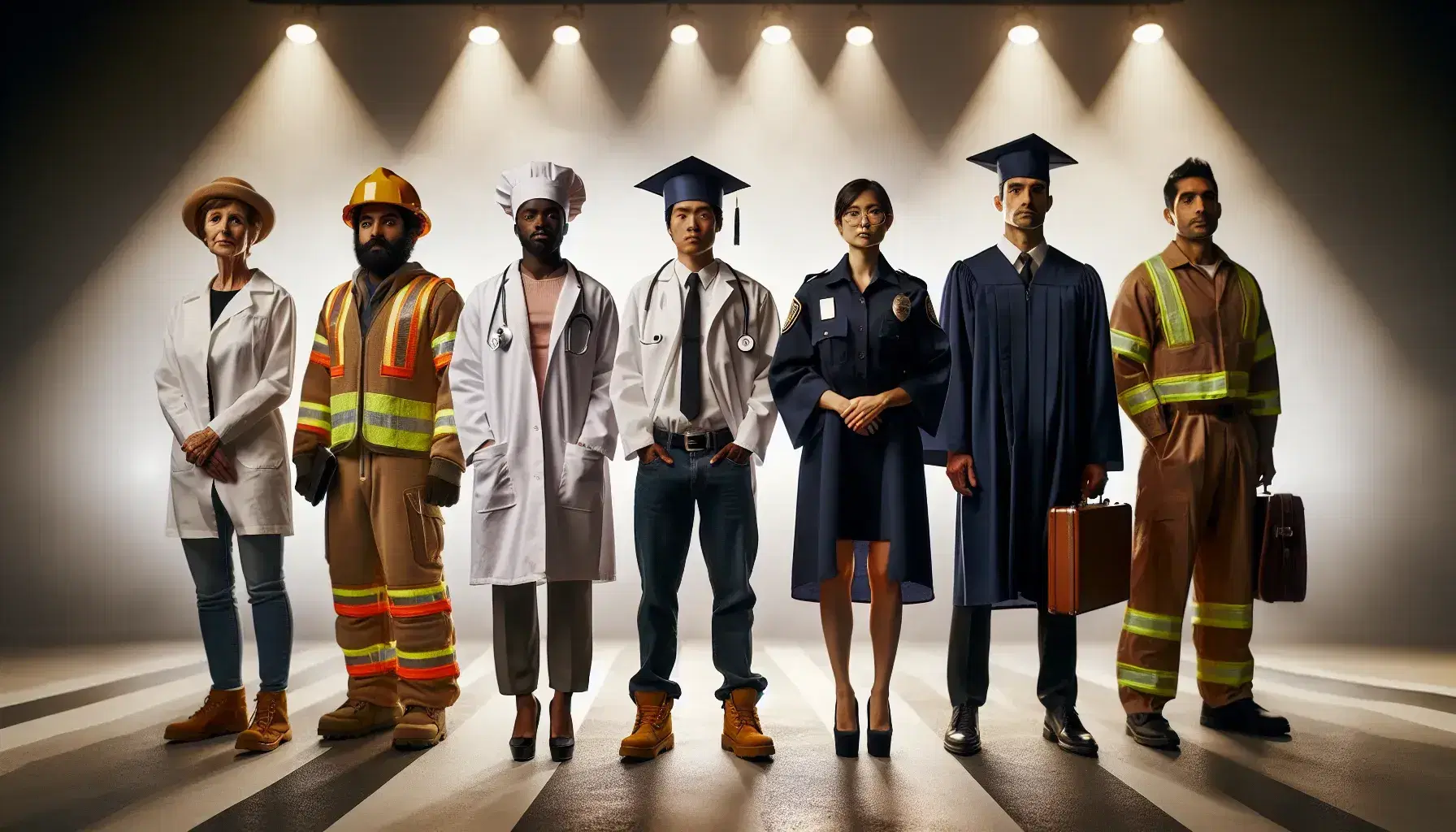 Grupo diverso de profesionales en semicírculo, incluyendo doctor, ingeniera, graduado, policía y empresario, con vestimenta representativa.