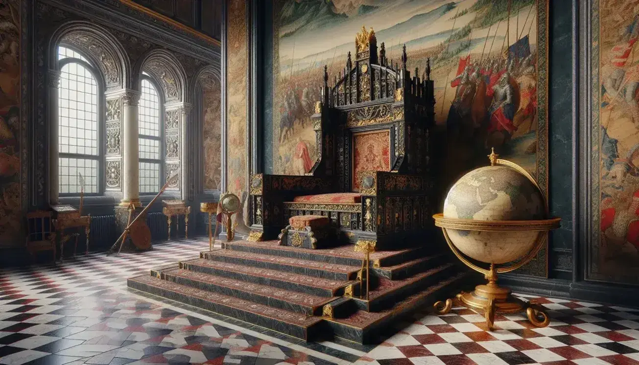 Trono regale in legno scuro con dettagli dorati in sala con arazzi, globo terrestre e spada simbolo di potere, illuminato da luce naturale.