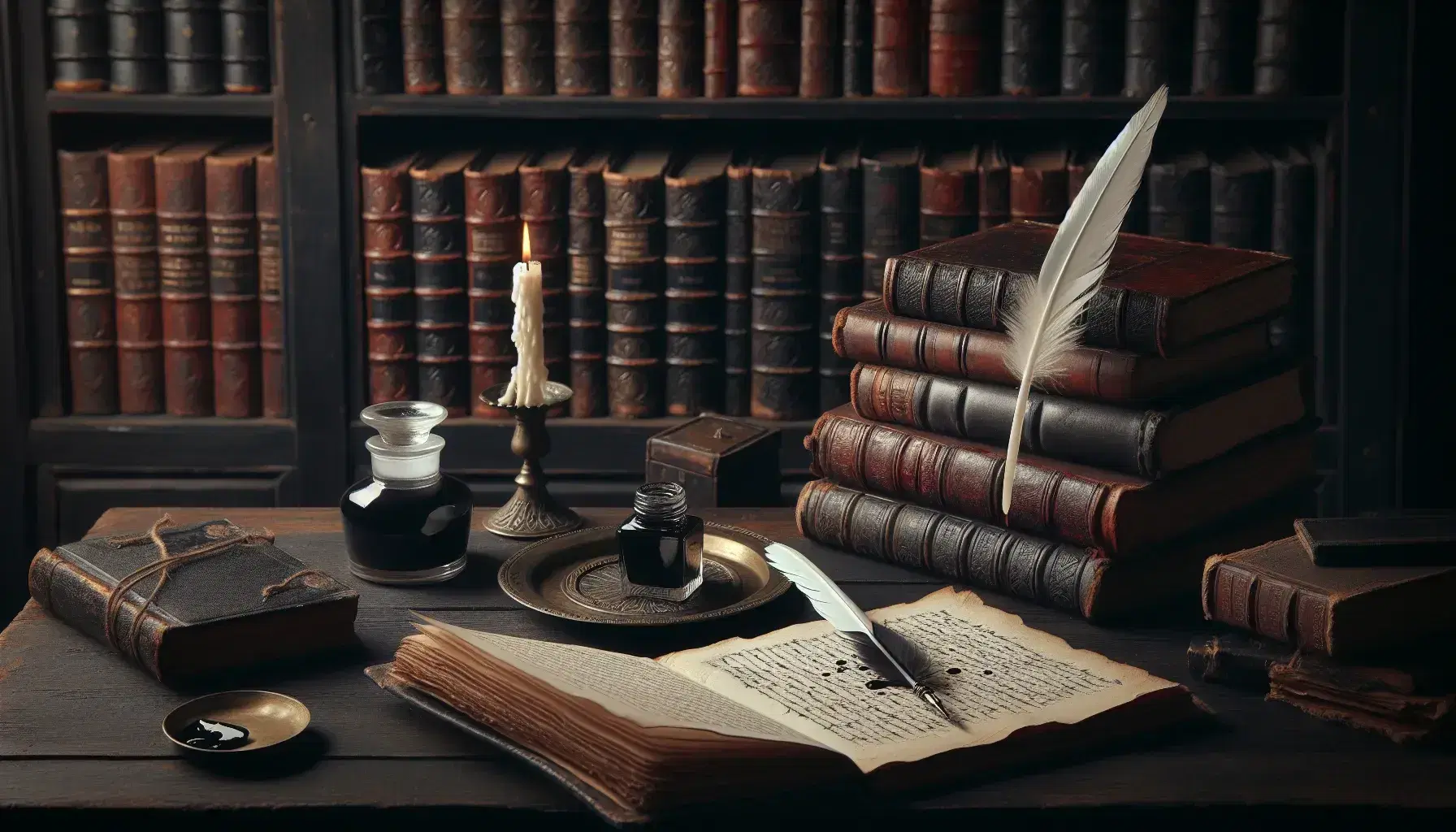 Scrivania in legno scuro con calamaio d'epoca, piuma d'oca intinta nell'inchiostro, libro antico aperto, libreria sfocata e candela mezza consumata.