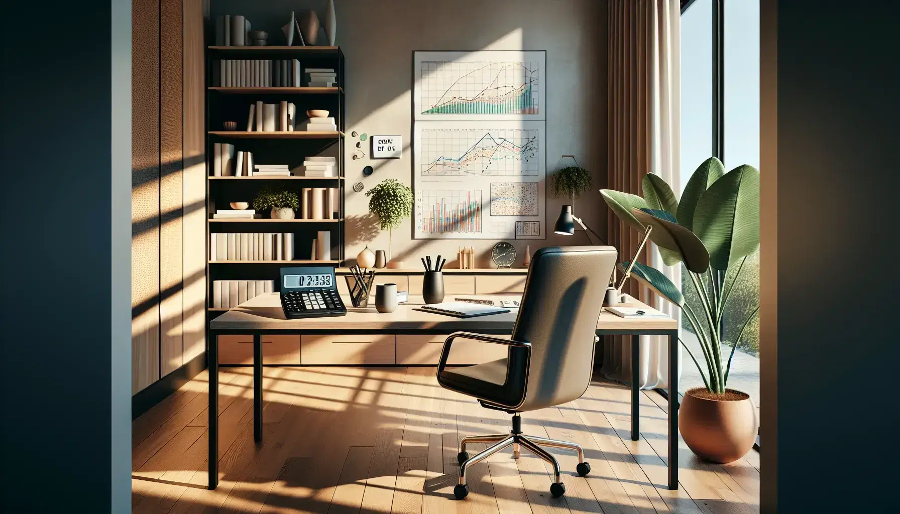 Oficina moderna iluminada con luz natural, escritorio de madera con dos calculadoras científicas, gráficos impresos y tazas de café, silla ergonómica y estantería con libros.
