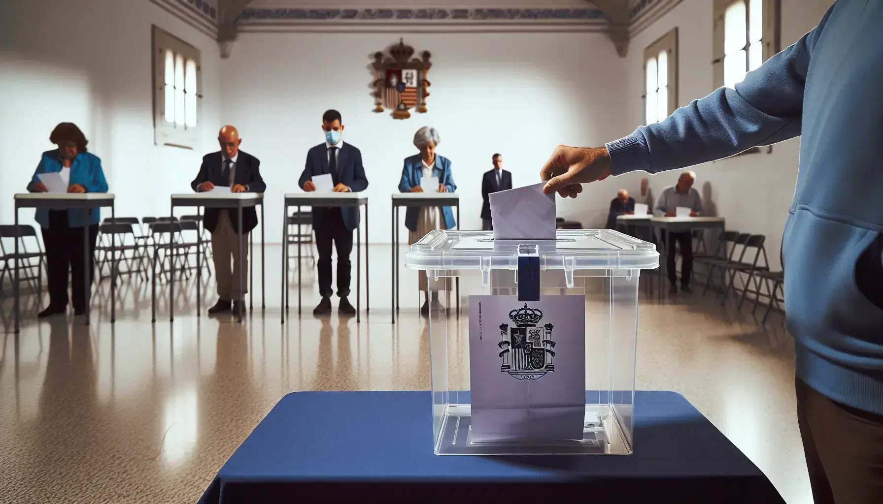 Voter casting ballot into transparent box at Spanish polling station with attentive staff and queued electorate under natural light.