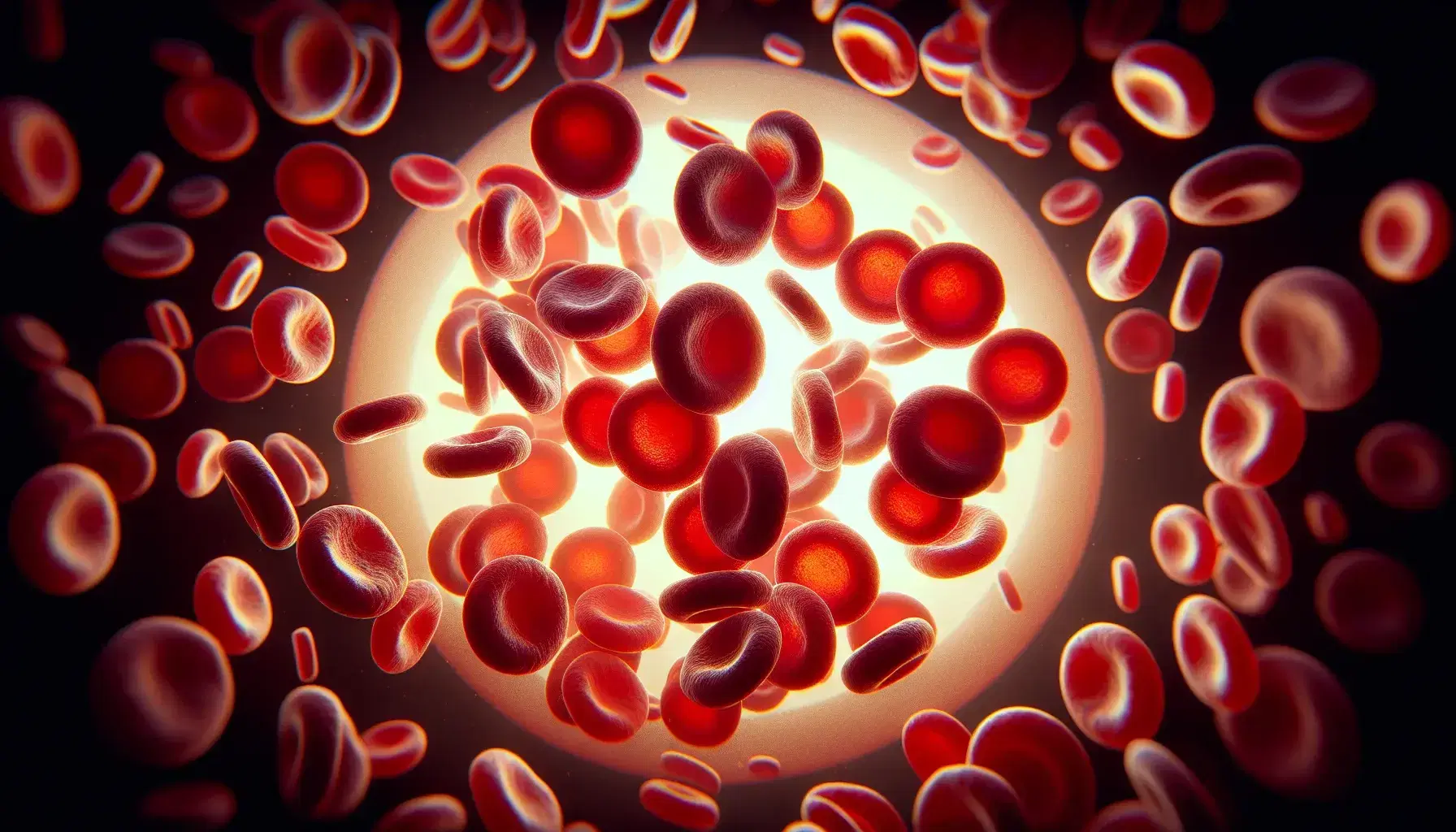 Vista microscópica de glóbulos rojos humanos con forma de disco bicóncavo en plasma sanguíneo, destacando su color rojo intenso y textura tridimensional.