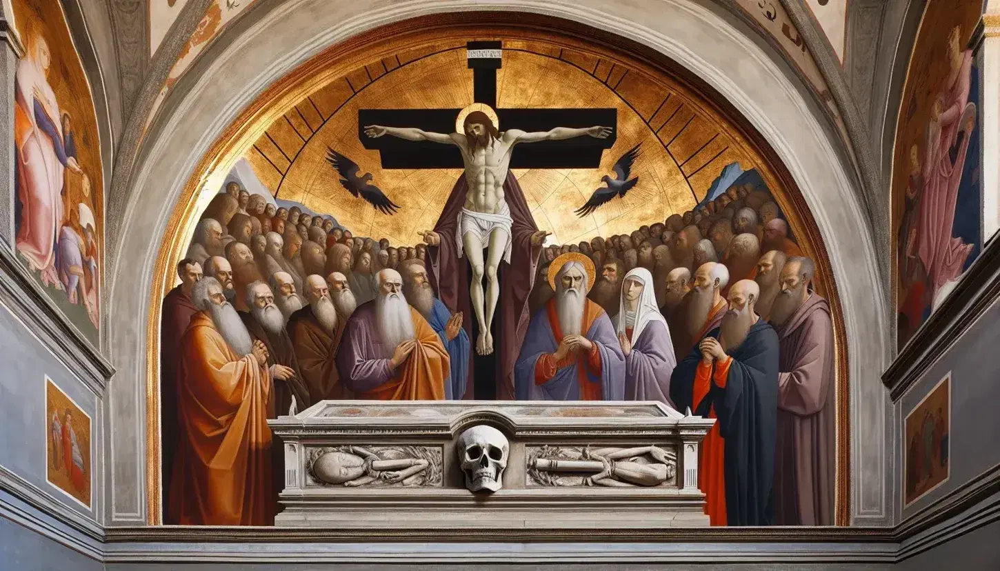 Affresco 'La Trinità' di Masaccio a Santa Maria Novella, con Dio Padre, Cristo in croce, Spirito Santo, Maria, Giovanni e osservatori.
