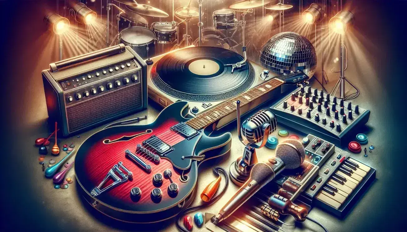 Chitarra elettrica rossa lucida, giradischi con vinile, microfono metallico, tastiera, batteria e maracas colorate su sfondo con palla da discoteca.