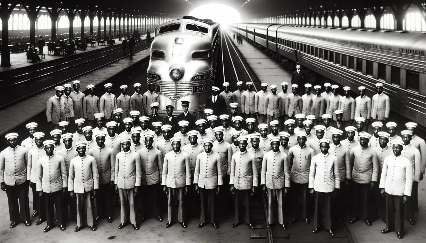 Group of uniformed African-American waiters in front of a passenger train, posing on a railway platform in a historic black and white photo.