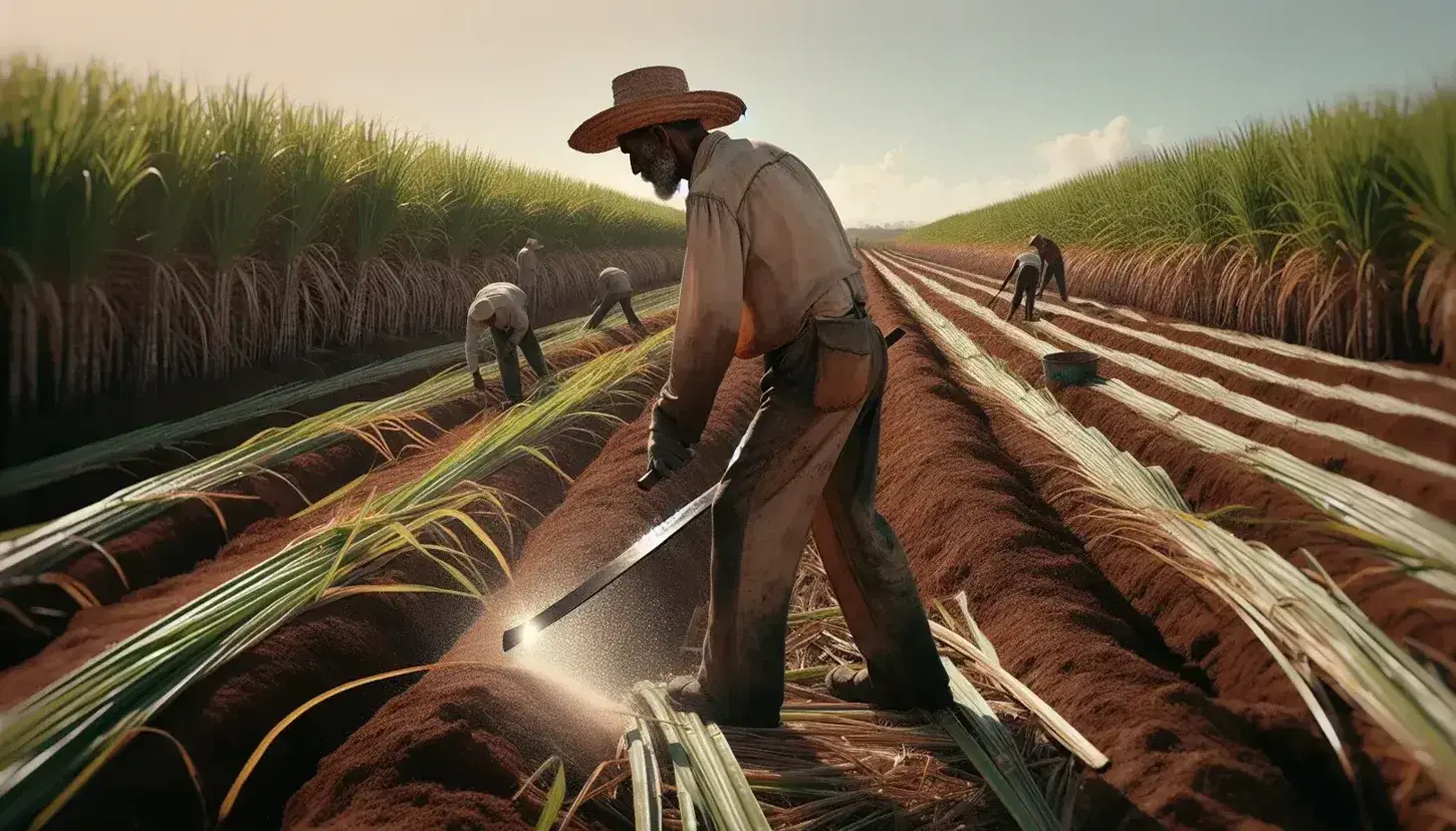 Campo de caña de azúcar en Cuba con trabajador cortando cañas con machete bajo cielo azul claro, reflejando la labor agrícola tradicional.