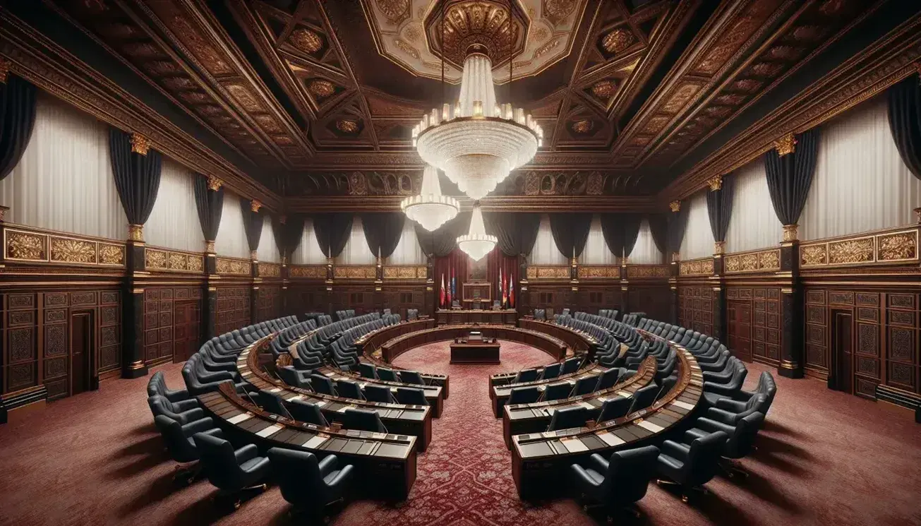 Sala parlamentare vuota con scrivanie a ferro di cavallo, sedie blu, tappeto rosso, pareti decorate e lampadari di cristallo.