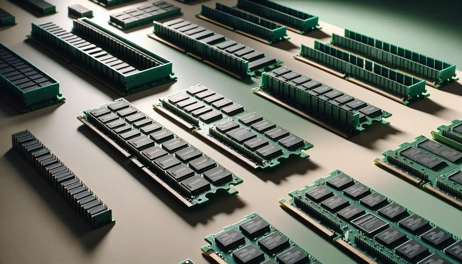 Moduli RAM DIMM disposti in fila su superficie neutra evidenziando diverse capacità di memoria senza scritte visibili.