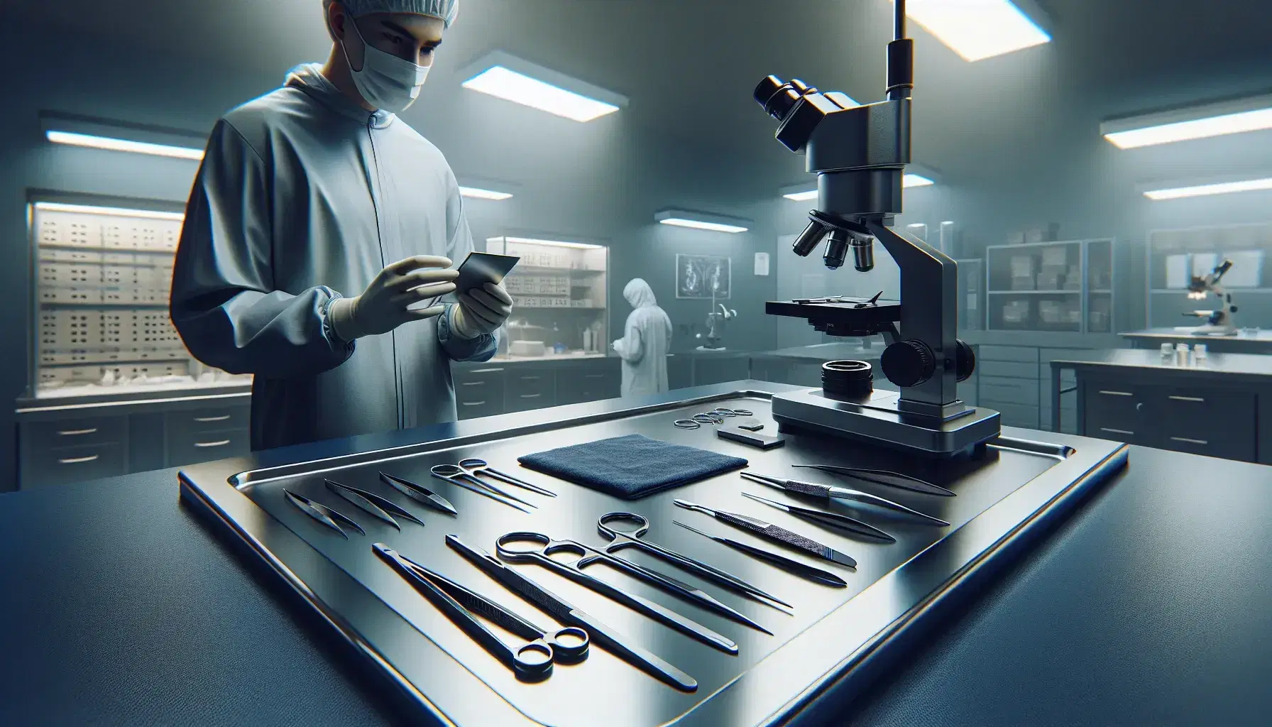 Laboratorio forense con mesa de acero y herramientas quirúrgicas sobre tela azul, técnico examinando objeto y microscopio al fondo.