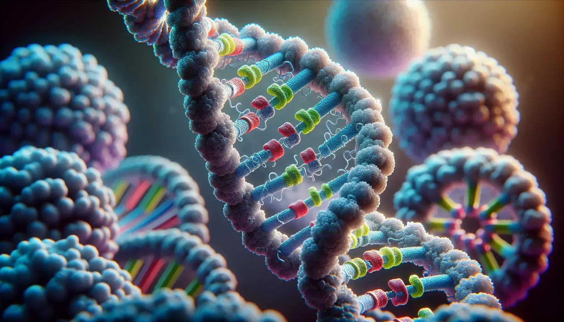 Close-up 3D illustration of a DNA double helix with colored base pairs and a blurred ribosome in the background, set against a light blue gradient.