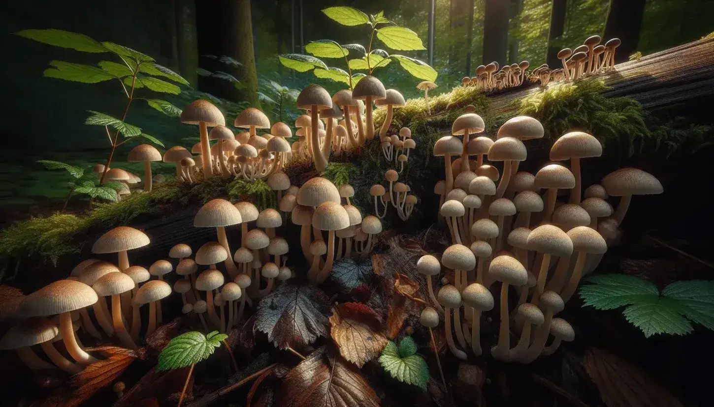 Variedad de hongos en su hábitat natural con sombreros marrón claro y tallos delgados entre hojas otoñales y un tronco musgoso al fondo.