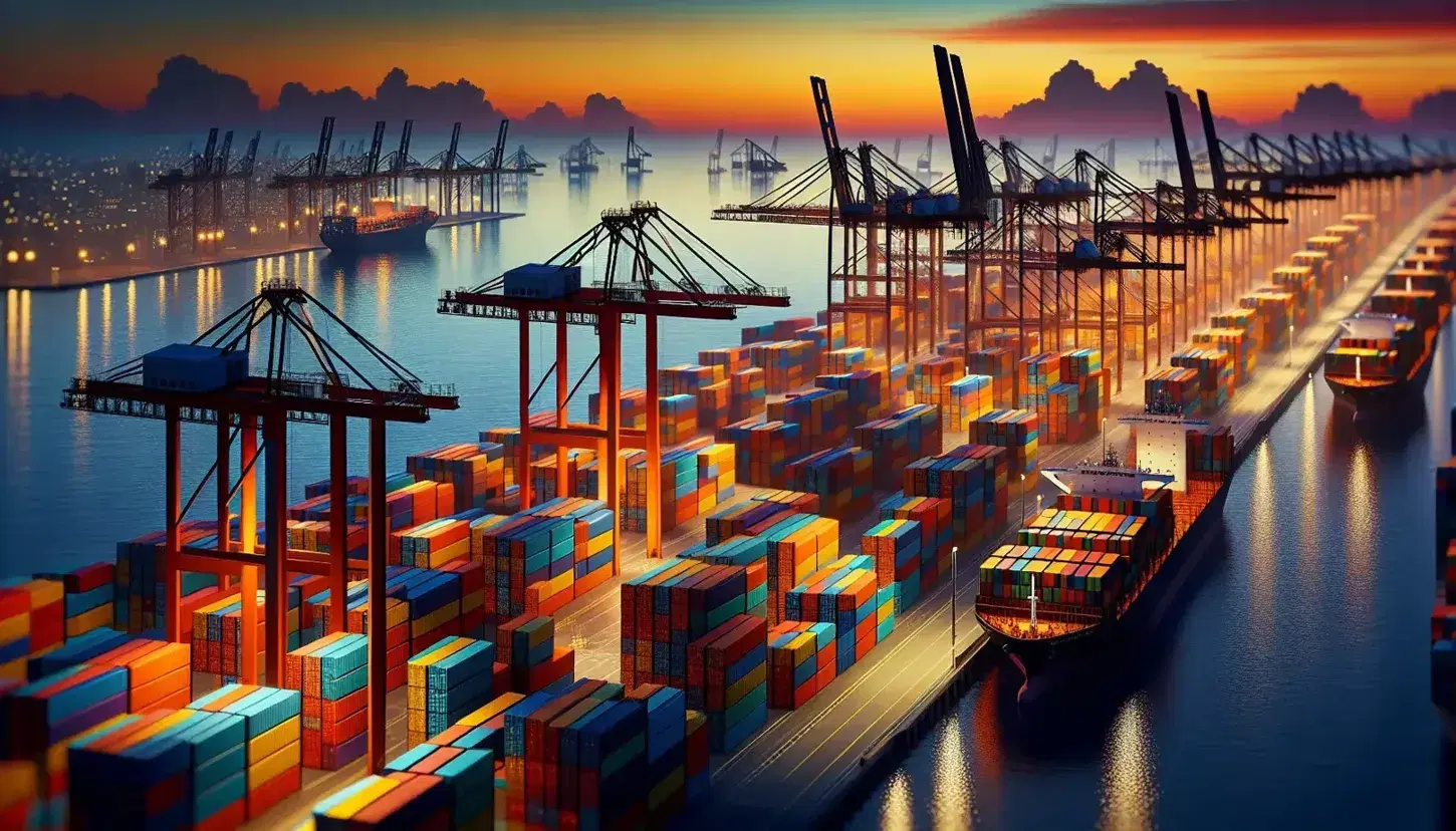 Bustling seaport at dusk with stacked colorful shipping containers, towering orange cranes, calm water, and silhouetted ships against a twilight sky.