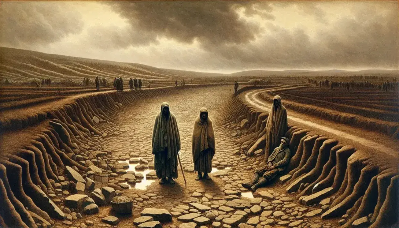 Desolate Irish landscape during the Great Famine with barren field, three emaciated figures, a dilapidated cobblestone road, and a solitary leafless tree.