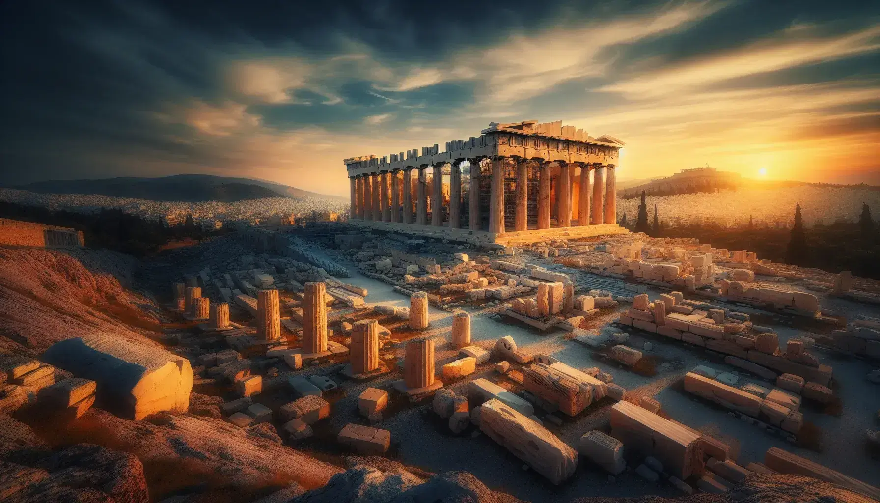 Vista panoramica delle rovine dell'Acropoli di Atene al tramonto, con il Partenone illuminato dalla luce dorata e cielo sfumato in blu e arancio.