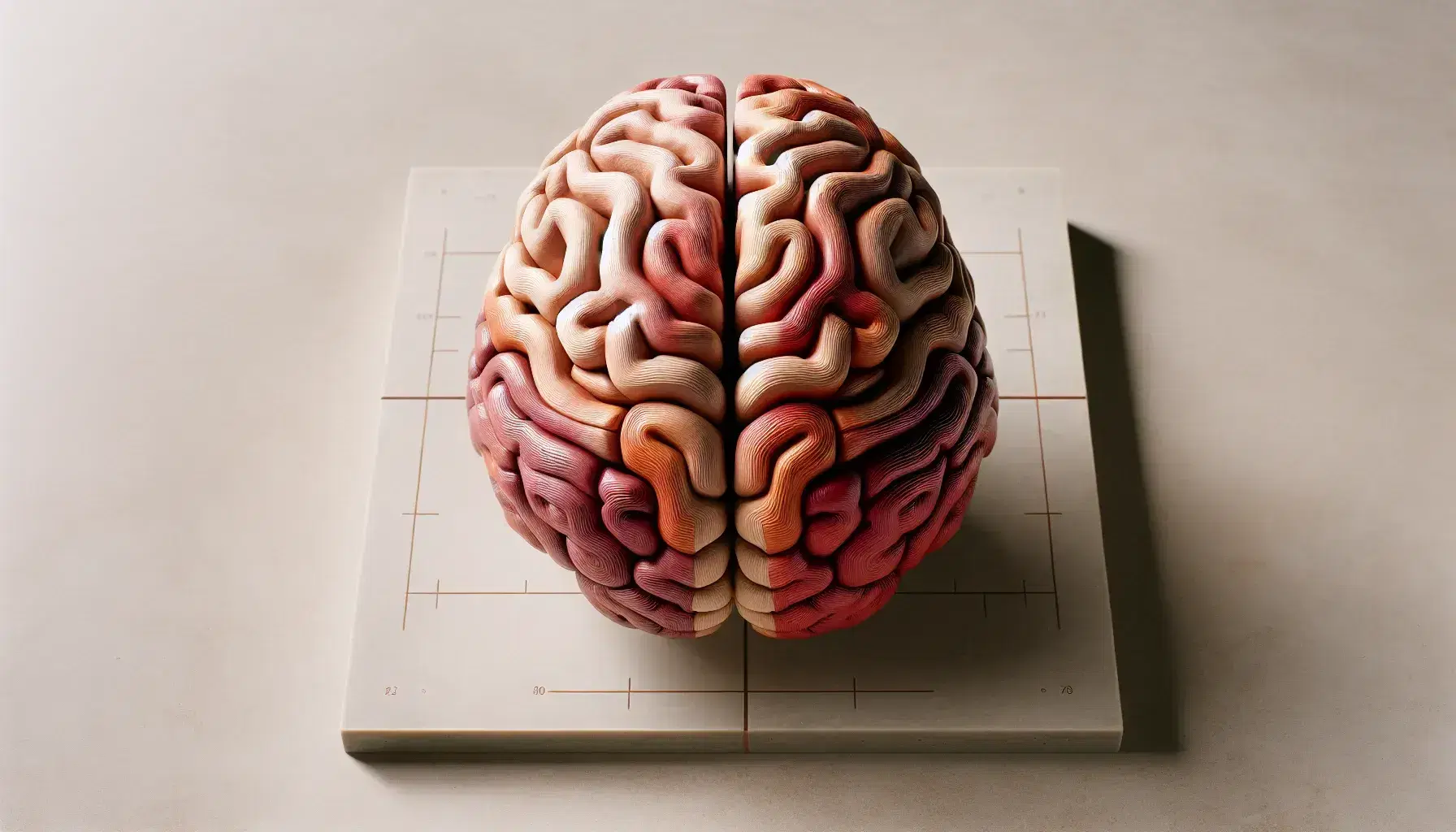 Modelo anatómico tridimensional del cerebro humano mostrando hemisferios, surcos, giros y cerebelo en tonos rojizos sobre superficie clara.