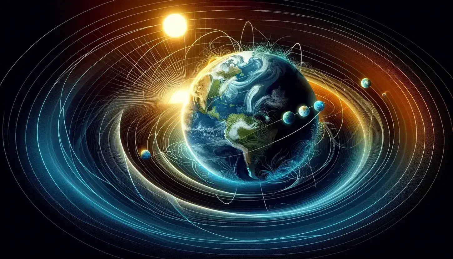 Rappresentazione artistica del sistema solare con la Terra, il Sole e icone delle quattro stagioni lungo l'orbita terrestre.