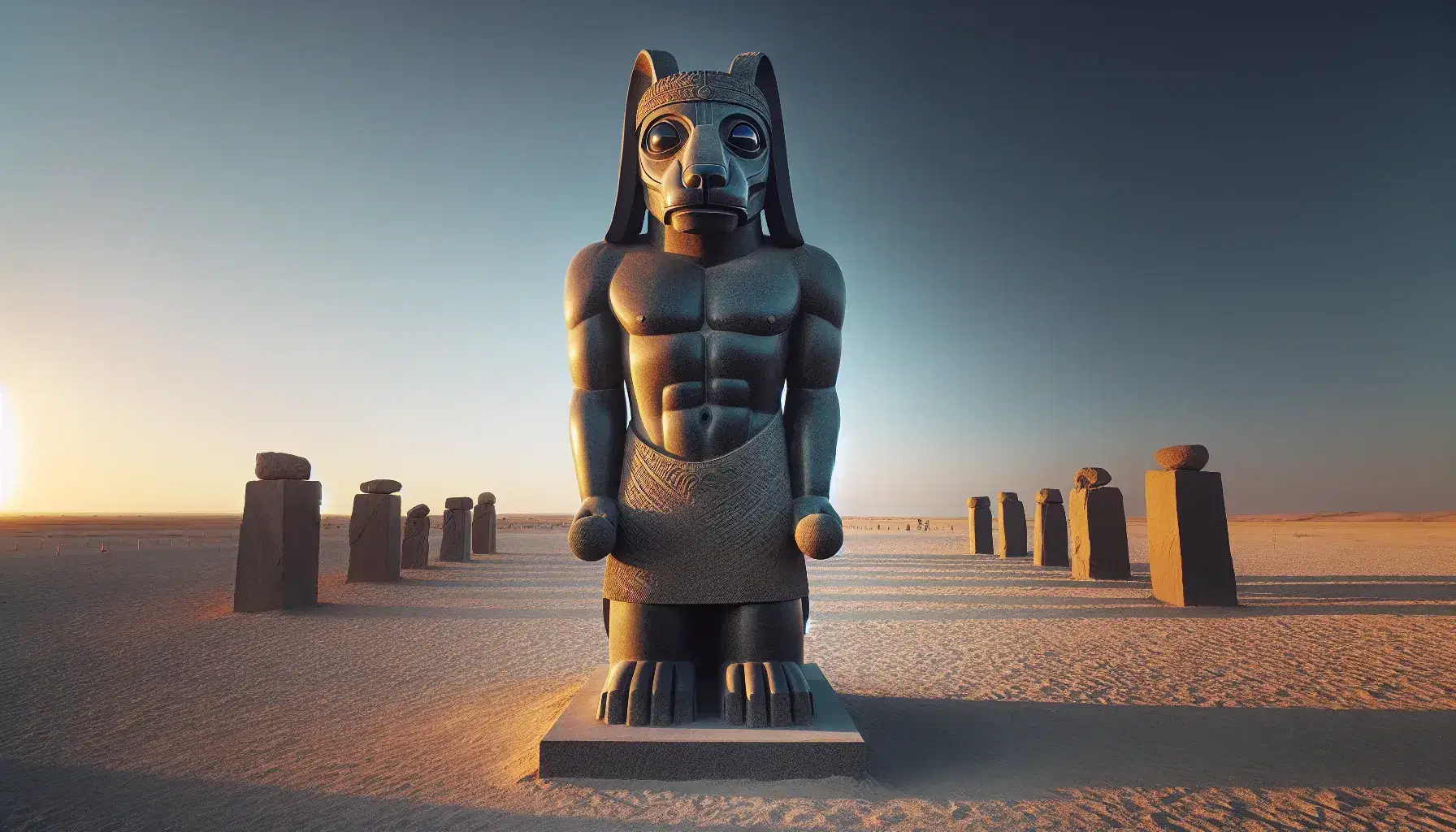 Estatua antropomórfica de granito negro con cabeza de canino y cuerpo musculoso, sosteniendo objetos cilíndricos, en un desierto bajo cielo azul.