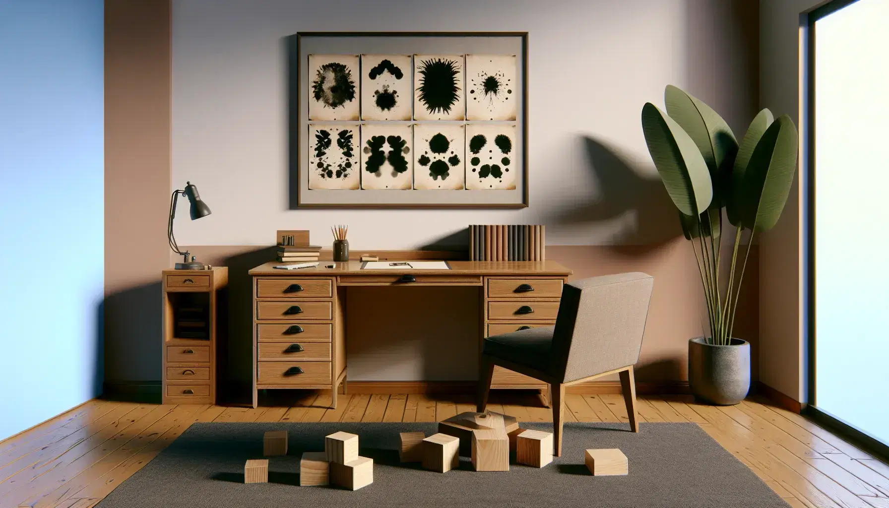 Clinical psychologist office with wooden desk, comfortable chairs, ink stains on paper and geometric wooden blocks, green plant, soft lighting.