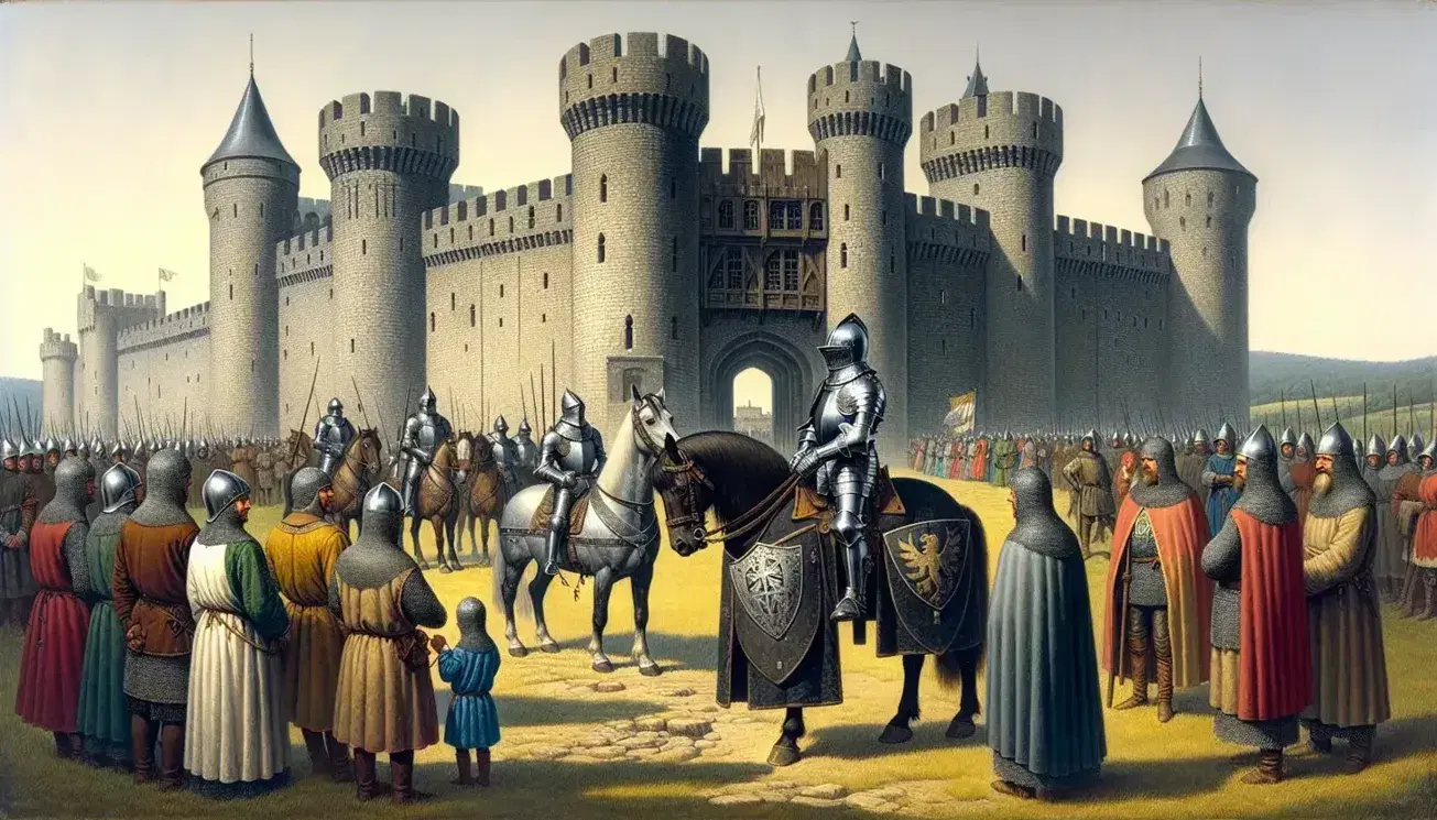 Castello medievale in pietra con cavalieri in armatura, uno a cavallo e l'altro in piedi, e spettatori in abiti d'epoca sotto un cielo azzurro.