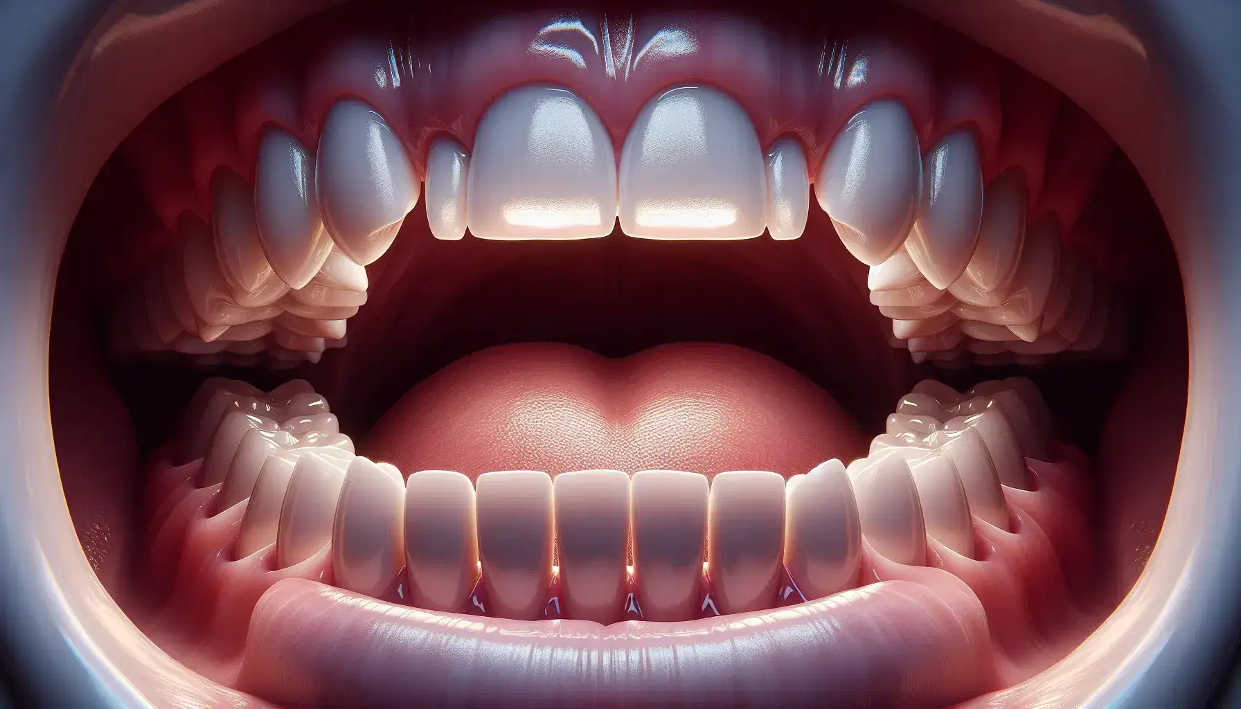 Sonrisa saludable mostrando dientes blancos y alineados con encías rosadas, destacando incisivos, caninos y molares en detalle.